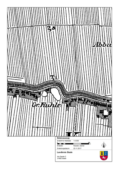 Die Zwillingsbracks von Krummendeich auf einer Karte des 19. Jh. (Quelle: WebGIS Lkr. Stade)