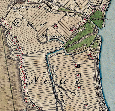 Deichbruchstellen "Kleine Brake" und "Grosse Brake" von 1717 bei Wischhafen. Karte des 18. Jh. (Grafik: Lkr. Stade)