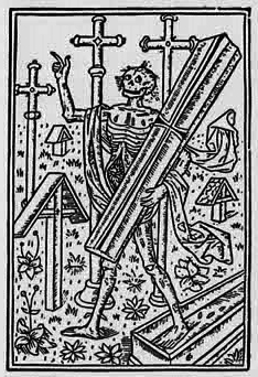 Mittelalterliche Darstellung eines Untoten, der sein Grab verläßt